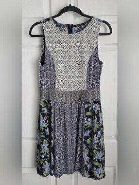 Doe & Rae Mixed Print Sleeveless Mini Dress Lace Bodice Boho Festival Sz L